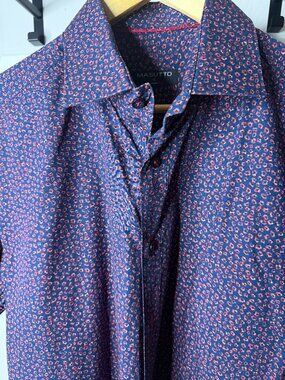 Masutto XL Blue Red Micro Floral Short Sleeve Button-Down Shirt